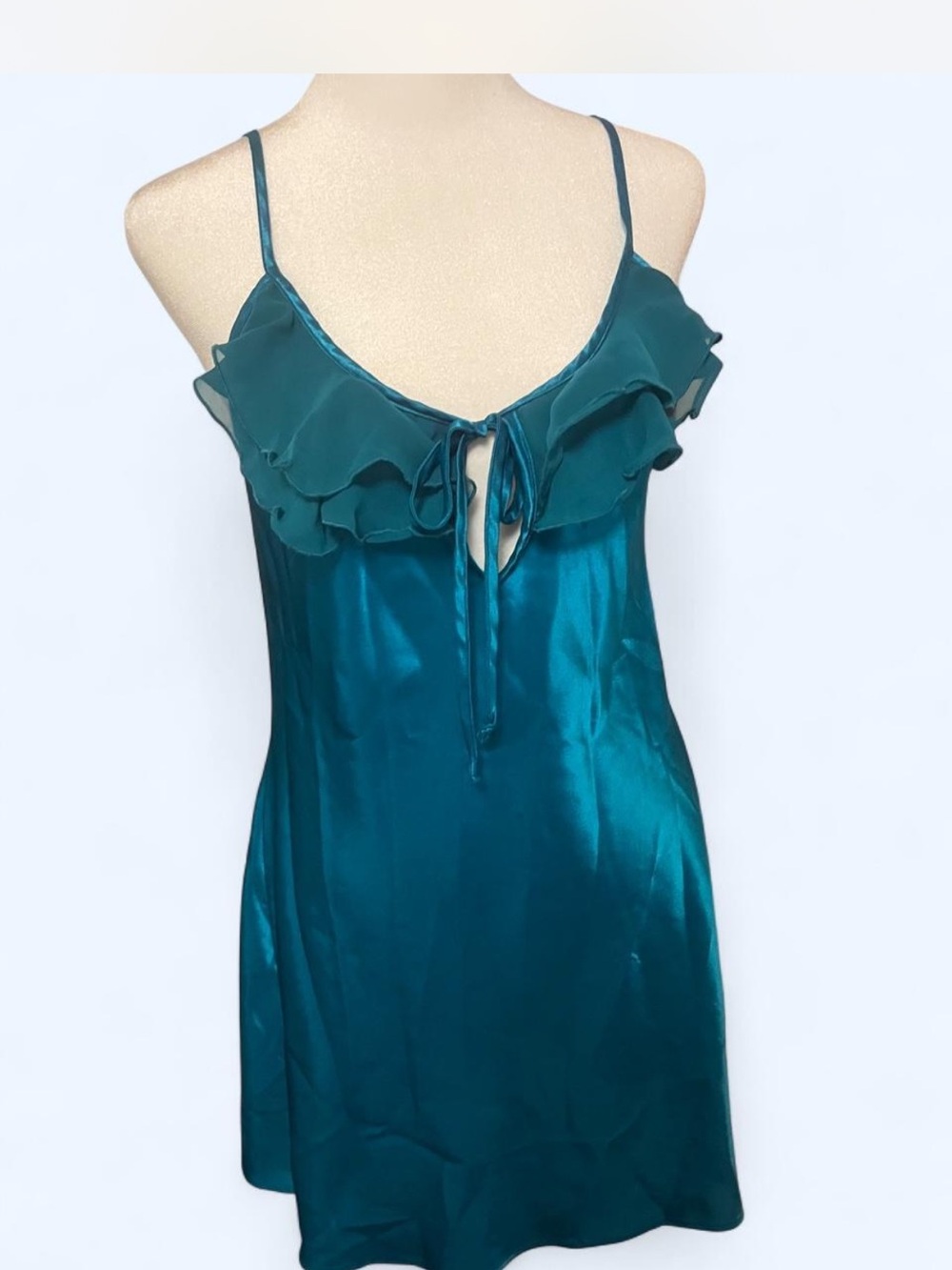 Vtg Val Mode Lingerie Satin Teal Nightie Sexy Slip Dress Ruffle XS/S 90s chemise